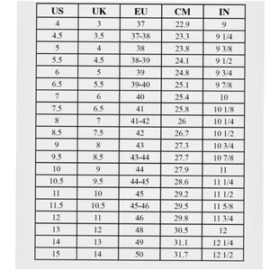 K&ouml;nnte beinhalten: Eine Schuhgr&ouml;&szlig;entabelle mit US-, UK-, EU-, CM- (Zentimeter) und IN- (Zoll) Gr&ouml;&szlig;en. Die Tabelle listet verschiedene Schuhgr&ouml;&szlig;en auf, von US-Gr&ouml;&szlig;e 4 (22,9 cm, 9 Zoll) bis US-Gr&ouml;&szlig;e 15 (31,7 cm, 12 1/2 Zoll).