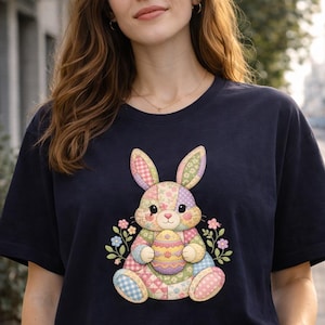 Easter Patchwork Shirt, Faux Patchwork Quilted Bunny Tee, Quilter Easter Tshirt, Floral Ostern Gingham Sewing Lover Gift