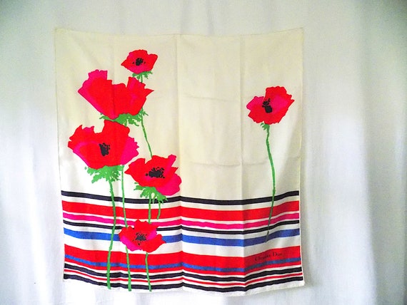 Christian DIOR Silk Scarf Large Carre with Red Pop