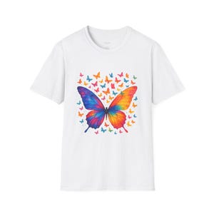 Colorful Butterfly Unisex Softstyle T-Shirt, Nature Lover Tee, Vibrant Butterfly Shirt, Rainbow Insect Top, Gift for Gardeners, Summer