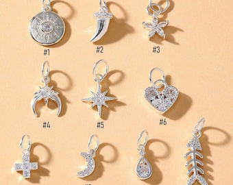 925 Sterling Silver Zircon Charm, Tiny Moon Star Heart Flower Fish Cross Sun Chili Charm