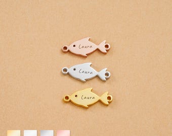 スターリングシルバーのフィッシュチャームコネクター、パーソナライズされた名前の彫刻、ジュエリーメイキング