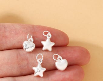 990 Sterling Silver Puffy Heart Star Charm, Bubble Pendant, Matte or Polished Finish, DIY Necklace Bracelet Jewelry Making