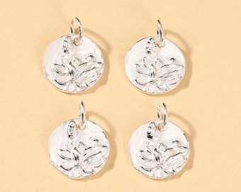 925 Sterling Silver Embossed Lotus Charm, Lotus Charm, Round Lotus Medal Charm, Spiritual Charm, Jewelry Supplies