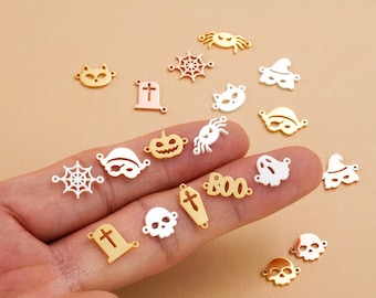 Dije de conector de Halloween en plata de ley 925: araña, calavera, máscara, ataúd, fantasma y calabaza. Dije de truco o trato. Fabricación de joyas DIY.