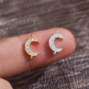 Sterling Silver CZ Pave Moon Connector Charm, Moon Charm, Celestial Connector Charm, Moonlight Connector Charm for Jewelry Making Supplies