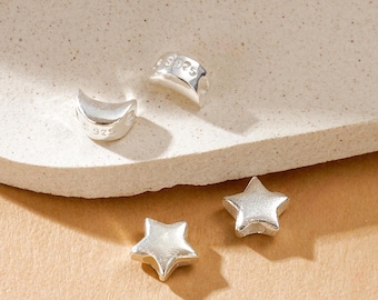 925 Sterling Silver Moon and Star Beads, Celestial Charms, Puffy Beads for Jewelry Making