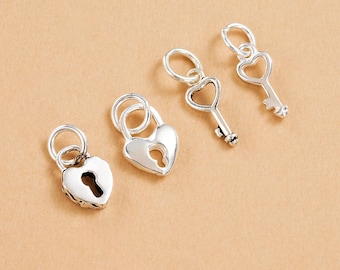 925 Sterling Silver Heart Lock and Key Charms, Romantic Couple Pendant for DIY Necklace or Bracelet, Matching Jewelry Making Supplies