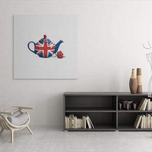 British Flag Coffee Jug with Rose | Cartoon Illustration Fine Art Print | UK Themed Wall Decor