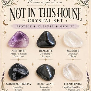 May include: A crystal set titled Lavender Moon Not In This House featuring six polished stones: purple amethyst, black hematite, white selenite, black snowflake obsidian with white patterns, black agate, and clear quartz on a beige card.