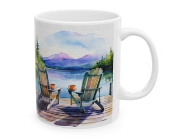 Adirondack Lake Mug - Whimsical Coffee Mug with Adirondack Mountains, Adirondack Chairs Lakeside Mug, Coffee Mug for Lake House