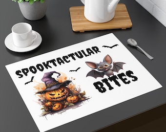 Mantel individual de Halloween (individual o juego de 2, 4 o 6) con un diseño de vampiro y calabaza espeluznante, ideal para decorar mesas de otoño y Halloween.