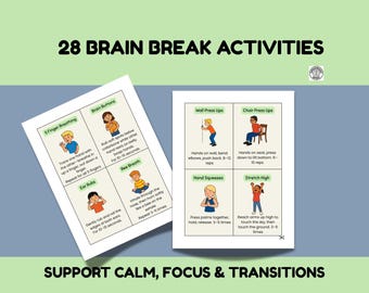 Printable Brain Break Activity Cards for Calm and Focus.  Instant Download.