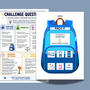 May include: A printable educational worksheet featuring a blue backpack illustration labeled PACK IT with a sleepover scenario and six item slots, alongside a challenge question guide with sections for explaining choices, prioritizing, and planning.