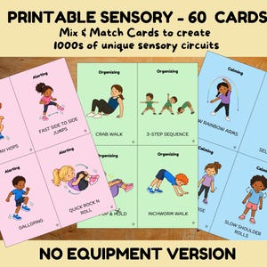 Può includere: Un set di 60 carte sensoriali stampabili con illustrazioni di bambini che svolgono attività fisiche. Le carte sono codificate a colori in rosa, verde e blu, con testi come Alerting, Organizing e Calming.
