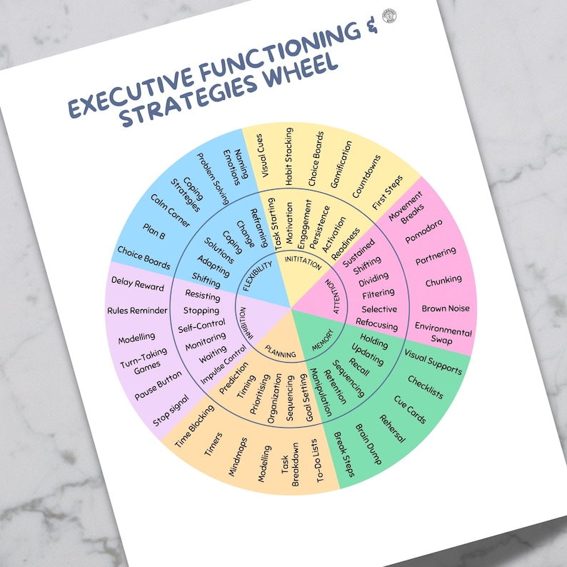 Pode incluir: Um gr&aacute;fico circular intitulado "Executive Functioning & Strategies Wheel" com se&ccedil;&otilde;es para resolu&ccedil;&atilde;o de problemas, emo&ccedil;&otilde;es e planejamento. A roda &eacute; dividida em segmentos com v&aacute;rias estrat&eacute;gias.