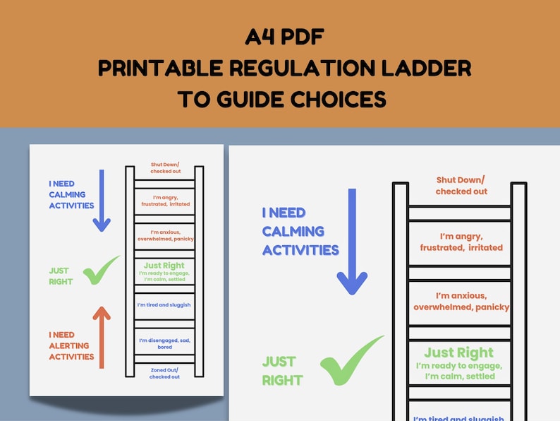 May include: A4 PDF printable regulation ladder to guide choices. The image shows two diagrams with a ladder design. The ladder has rungs with emotional states like "Just Right" and "I'm angry, frustrated, irritated". Text includes "I need calming activities".