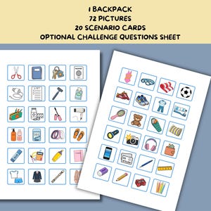 May include: Educational set featuring 1 backpack, 72 pictures, 20 scenario cards, and an optional challenge questions sheet. The image displays two white sheets with grids of colorful illustrations of various everyday objects and items.
