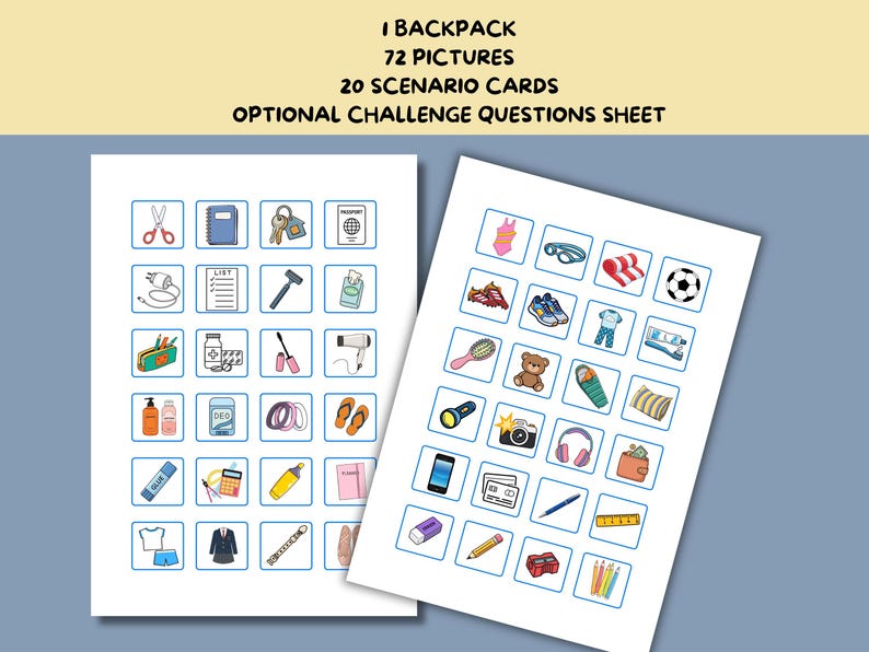 May include: Educational set featuring 1 backpack, 72 pictures, 20 scenario cards, and an optional challenge questions sheet. The image displays two white sheets with grids of colorful illustrations of various everyday objects and items.