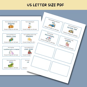 May include: Two white US letter size PDF pages featuring blue-bordered rectangular activity cards. Each card contains a scenario title, a small colorful illustration, and the text 'Choose 5 things you will need.' Some cards are blank for custom use.