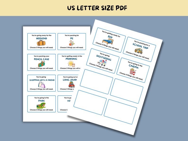 May include: Two white US letter size PDF pages featuring blue-bordered rectangular activity cards. Each card contains a scenario title, a small colorful illustration, and the text 'Choose 5 things you will need.' Some cards are blank for custom use.