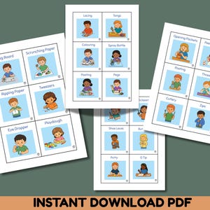 May include: Several white cards with blue borders and illustrations of children performing various activities, such as lacing, pasting, and using scissors. The text "INSTANT DOWNLOAD PDF" is at the bottom of the image.
