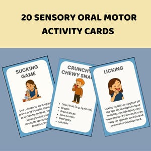 Pode incluir: Um conjunto de 20 cartões de atividades sensoriais e motoras orais. Os cartões apresentam ilustrações e descrições de atividades como sugar, mastigar e lamber. Os cartões são projetados para auxiliar no desenvolvimento da fala e da motricidade oral.