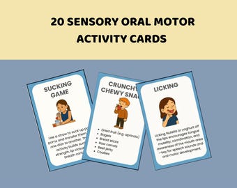 May include: A set of 20 Sensory Oral Motor Activity Cards. The cards feature illustrations and descriptions for activities like sucking, chewing, and licking. The cards are designed to help with speech and oral motor development.
