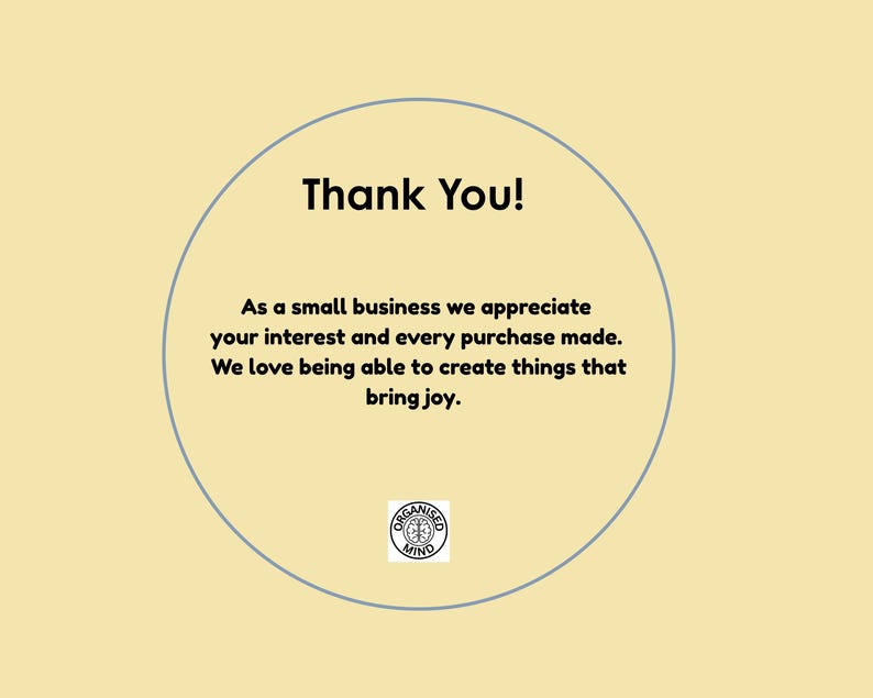 May include: A cream-colored graphic with a blue circle containing the words "Thank You!" in black. Below, text expresses appreciation for customer interest and purchases. A small logo is at the bottom.