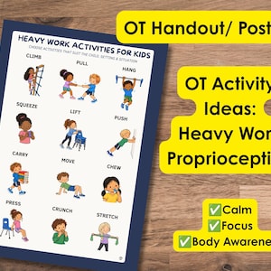 May include: A rectangular educational poster titled Heavy Work Activities for Kids with a dark blue border. It features twelve illustrated scenes showing children performing physical tasks like climbing, pulling, hanging, squeezing, lifting, pushing, carrying, moving, chewing, pressing, crunching, and stretching to support proprioception.