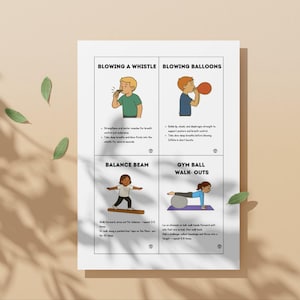Puede incluir: Un p&oacute;ster blanco con cuatro gu&iacute;as de ejercicios ilustradas: soplar un silbato, soplar globos, barra de equilibrio y ejercicios de marcha con bal&oacute;n de gimnasia. El p&oacute;ster est&aacute; sobre una superficie beige con sombras y hojas verdes.