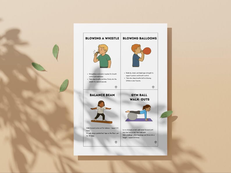 Puede incluir: Un p&oacute;ster blanco con cuatro gu&iacute;as de ejercicios ilustradas: soplar un silbato, soplar globos, barra de equilibrio y ejercicios de marcha con bal&oacute;n de gimnasia. El p&oacute;ster est&aacute; sobre una superficie beige con sombras y hojas verdes.