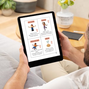 May include: A black tablet displays a wellness guide with illustrations and text. The guide includes instructions for arm circles, dancing, office chair spins, and using a diffuser. The tablet is held by a person sitting on a gray couch.