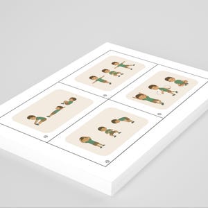 May include: A stack of white cards with illustrations of exercise poses. Each card features a cartoon figure demonstrating a different exercise, with a green shirt and brown hair. The cards are arranged in a grid, showing various movements.
