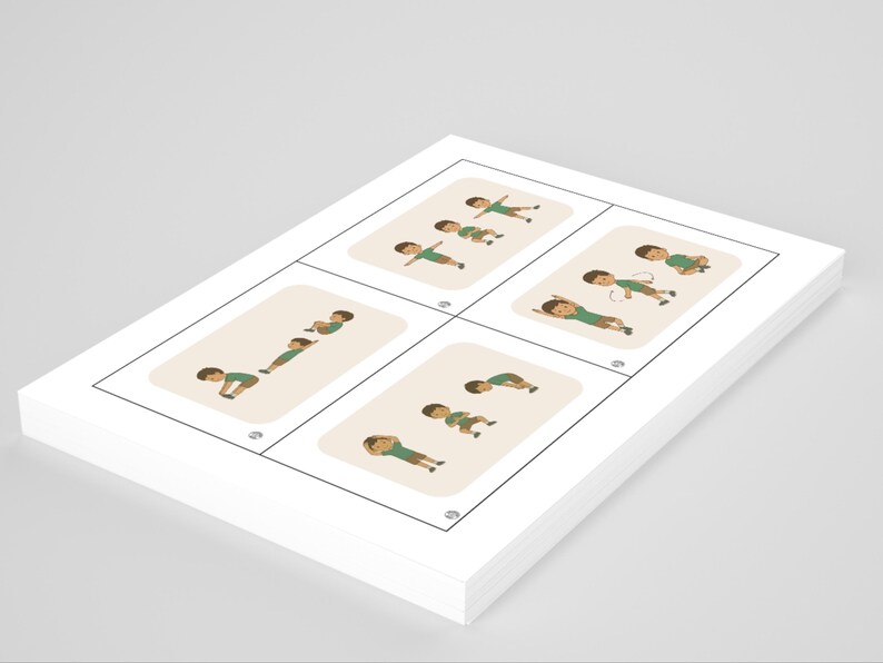 May include: A stack of white cards with illustrations of exercise poses. Each card features a cartoon figure demonstrating a different exercise, with a green shirt and brown hair. The cards are arranged in a grid, showing various movements.