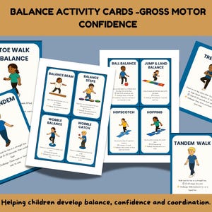Könnte beinhalten: Ein Set weißer Balance-Aktivitätskarten mit blauem Rand, die Illustrationen von Kindern bei körperlichen Übungen zeigen. Der Text enthält Titel wie Toe Walk Balance, Static Tandem, Balance Beam und Tree Pose sowie Anleitungen für jede Übung.