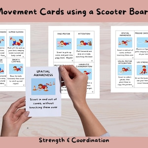 May include: A set of white movement cards featuring illustrations of a child on a scooter board with instructional text for activities like prone extension, supine flexion, and spatial awareness. The cards are organised in grids on paper sheets.