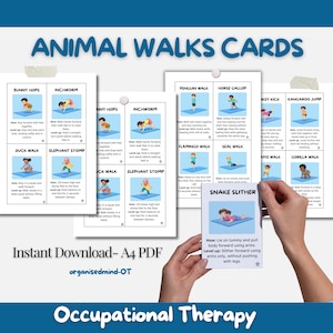 May include: A set of printable "Animal Walks Cards" with instructions for various exercises, including Bunny Hops, Inchworm, and Snake Slither. The cards are designed for occupational therapy and are available as an instant A4 PDF download.