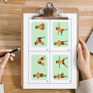May include: A clipboard with a white sheet featuring illustrated exercise poses. The illustrations depict a person in various positions, wearing an orange shirt and black shorts, set against a light green background. The clipboard is held by a person.