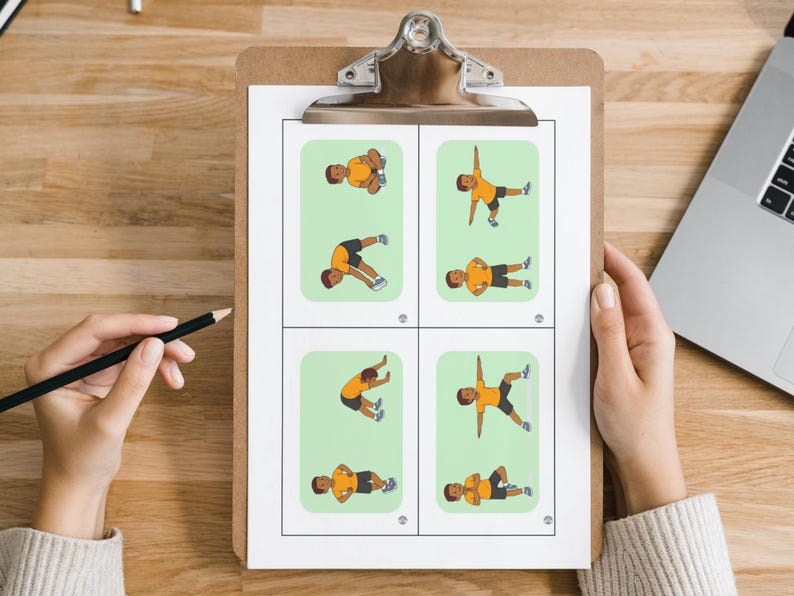May include: A clipboard with a white sheet featuring illustrated exercise poses. The illustrations depict a person in various positions, wearing an orange shirt and black shorts, set against a light green background. The clipboard is held by a person.