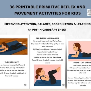 Puede incluir: Tres tarjetas con ilustraciones e instrucciones para actividades de reflejos primitivos y movimiento para niños. Las tarjetas están etiquetadas con títulos como "TLR Prone Lift" y "Prone - Lift & Throw". El texto dice "36 Actividades imprimibles de reflejos primitivos y movimiento para niños".