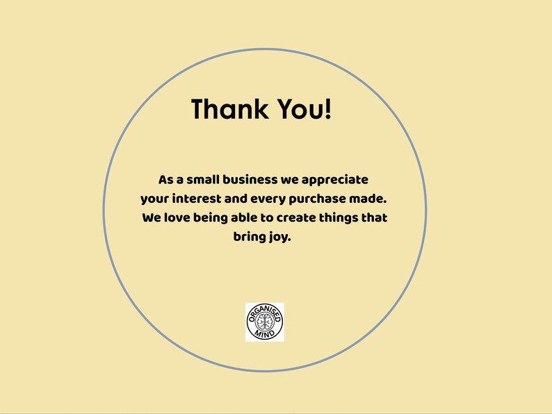 Puede incluir: Un fondo amarillo claro con un c&iacute;rculo gris que contiene las palabras "Thank You!" en negro. Debajo, el texto dice: "Como peque&ntilde;a empresa, apreciamos su inter&eacute;s y cada compra realizada. Nos encanta crear cosas que traen alegr&iacute;a."