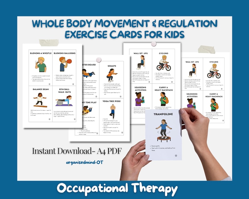 Puede incluir: Tarjetas de ejercicios para ni&ntilde;os, con ilustraciones de actividades como soplar un silbato, hacer sentadillas y usar un trampol&iacute;n. Las tarjetas est&aacute;n dise&ntilde;adas para el movimiento y la regulaci&oacute;n de todo el cuerpo.