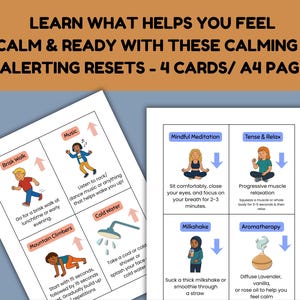 May include: A4 page with four cards offering calming and alerting resets. Each card features illustrations and text describing activities like brisk walking, listening to music, mindful meditation, and progressive muscle relaxation.