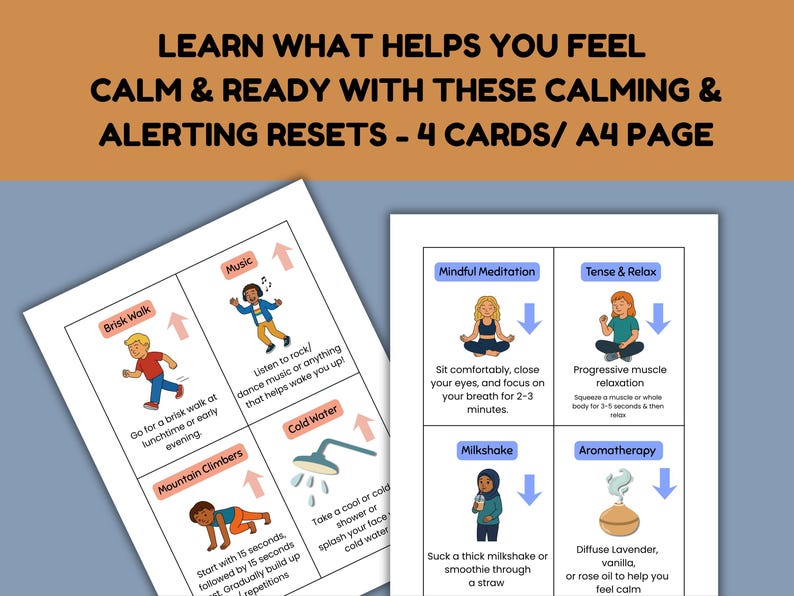 May include: A4 page with four cards offering calming and alerting resets. Each card features illustrations and text describing activities like brisk walking, listening to music, mindful meditation, and progressive muscle relaxation.