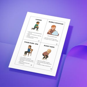 Puede incluir: Una hoja blanca con instrucciones de ejercicios ilustradas, que incluyen zancadas, monta&ntilde;a de burbujas, flexiones de silla y saltos de conejo. Las ilustraciones presentan figuras de dibujos animados que demuestran cada ejercicio. La hoja est&aacute; sobre un fondo degradado p&uacute;rpura.
