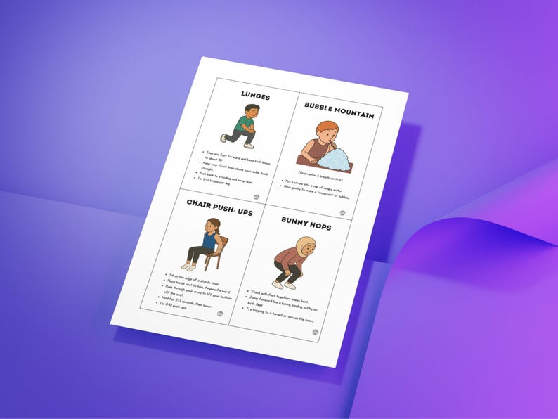 Puede incluir: Una hoja blanca con instrucciones de ejercicios ilustradas, que incluyen zancadas, monta&ntilde;a de burbujas, flexiones de silla y saltos de conejo. Las ilustraciones presentan figuras de dibujos animados que demuestran cada ejercicio. La hoja est&aacute; sobre un fondo degradado p&uacute;rpura.