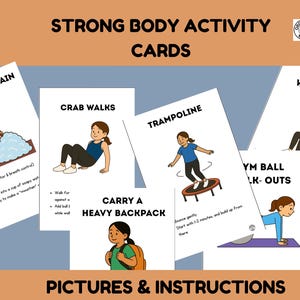 Puede incluir: Tarjetas de actividades ilustradas para ni&ntilde;os, con ejercicios como andar como cangrejos y saltar en trampol&iacute;n. Las tarjetas se titulan "Strong Body Activity Cards" e incluyen instrucciones. El texto "Pictures & Instructions" tambi&eacute;n es visible.