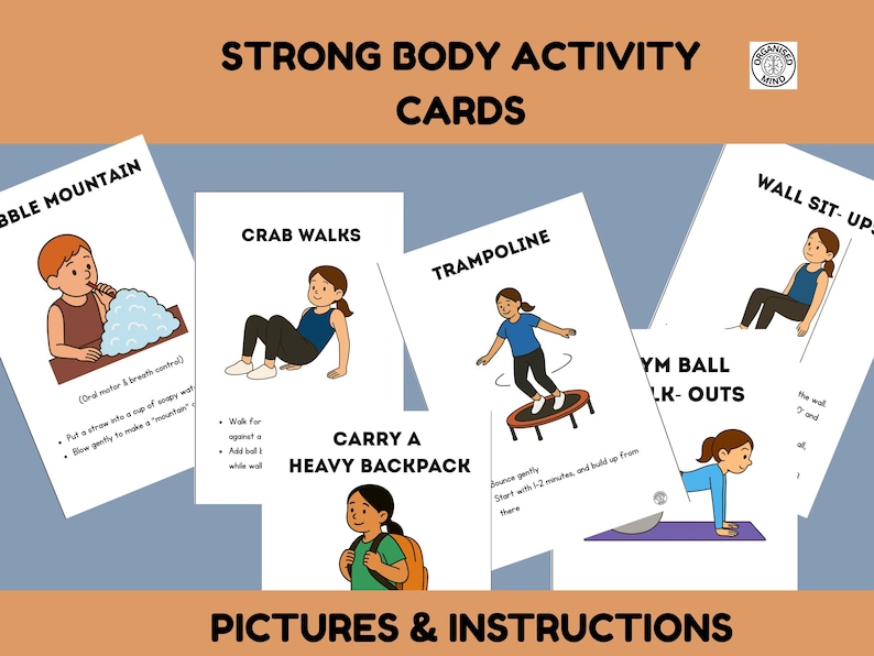 Puede incluir: Tarjetas de actividades ilustradas para ni&ntilde;os, con ejercicios como andar como cangrejos y saltar en trampol&iacute;n. Las tarjetas se titulan "Strong Body Activity Cards" e incluyen instrucciones. El texto "Pictures & Instructions" tambi&eacute;n es visible.