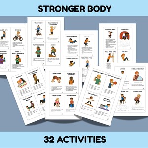 Puede incluir: Un conjunto de tarjetas ilustradas con el texto "CUERPO M&Aacute;S FUERTE" y "32 ACTIVIDADES". Cada tarjeta presenta un ejercicio diferente, como sentadillas, caminatas de oso y saltos, con ilustraciones de personas realizando los ejercicios.
